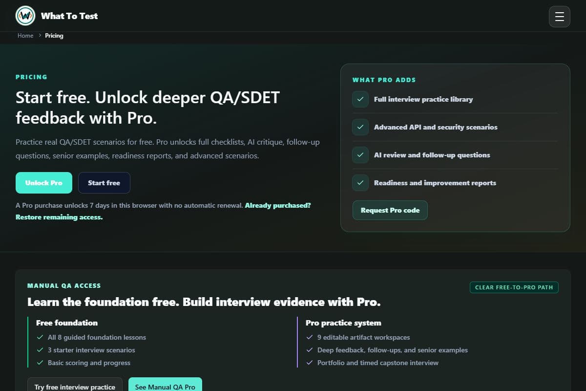 Free and Pro access: Free and Pro access options; check the live pricing page for current terms.