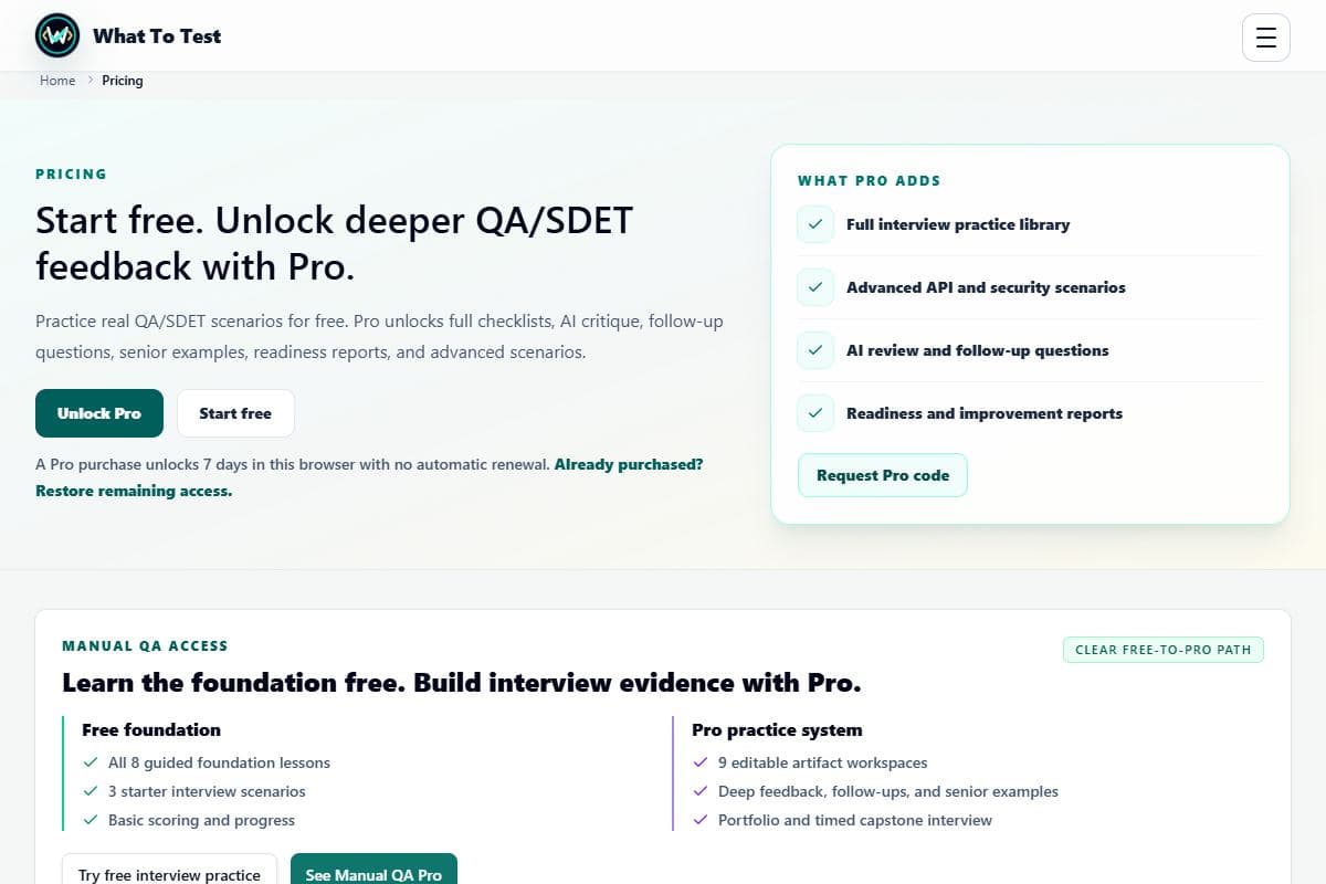Free and Pro access: Free and Pro access options; check the live pricing page for current terms.