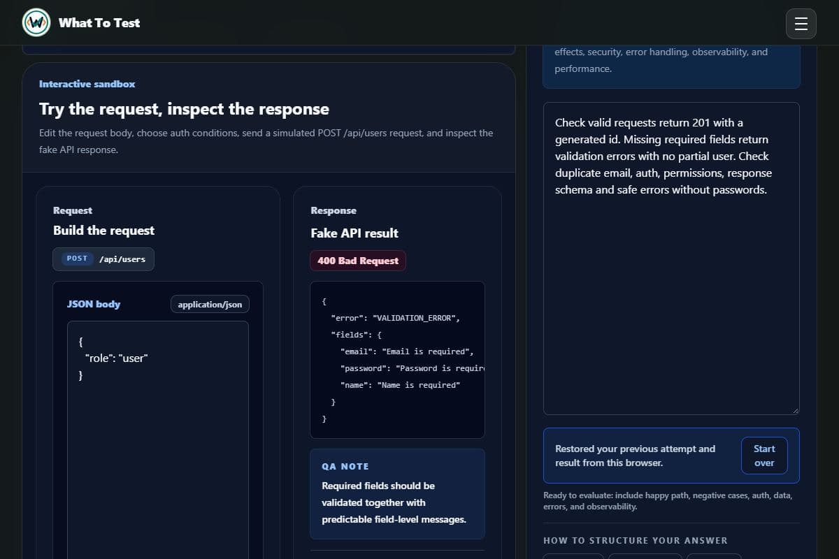 API practice and sandbox: Free Create User sandbox with a real simulated validation response.