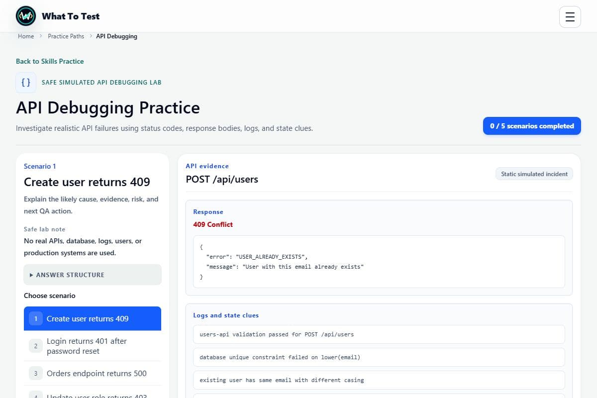 API debugging: An API incident with response data and state clues.