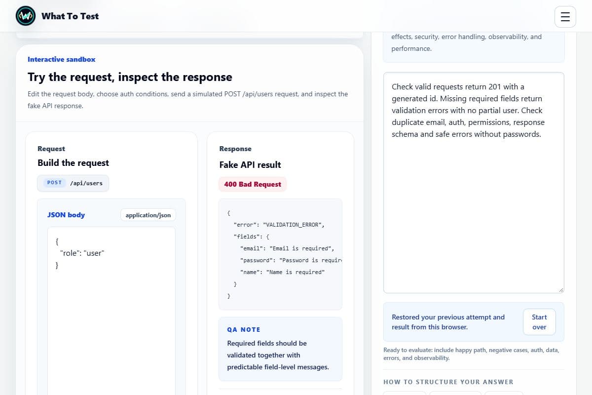 API practice and sandbox: Free Create User sandbox with a real simulated validation response.