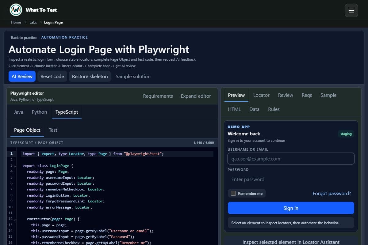 Automation practice: Playwright practice workspace and review controls.