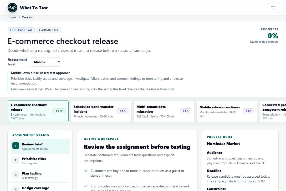 Case Lab assignments: Free checkout assignment with its brief, assessment level, and stages.
