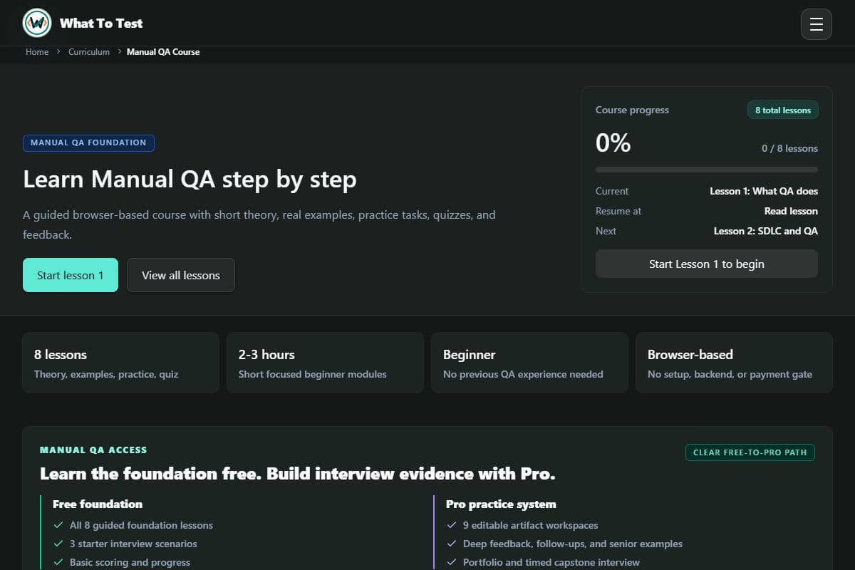 Manual QA course: Course roadmap, lesson content, and completion workflow.