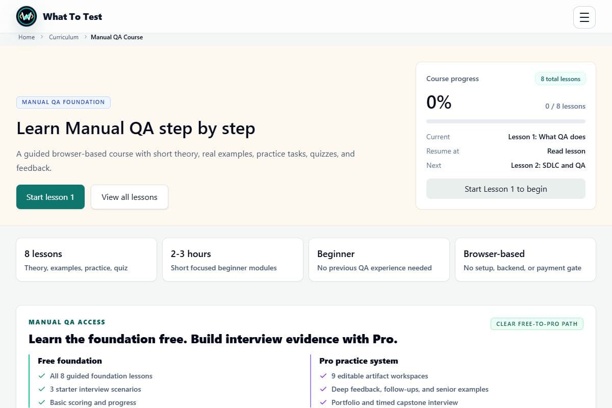 Manual QA course: Course roadmap, lesson content, and completion workflow.