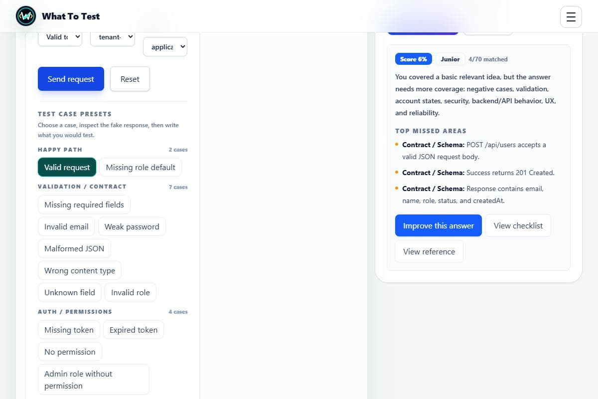 Coverage scores and missed areas: Actual local checklist feedback from an example answer, not an AI evaluation.