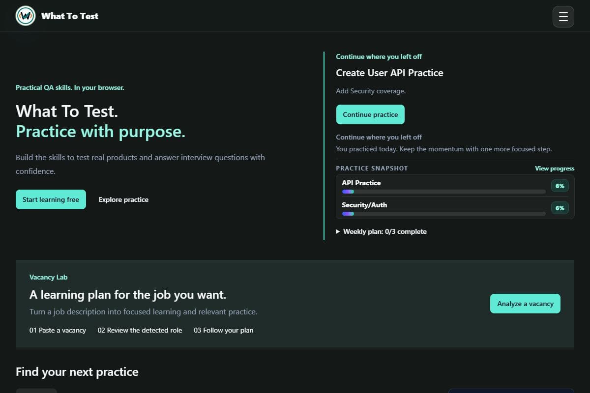Home and continue practice: Home after an example practice attempt, with a resume action.