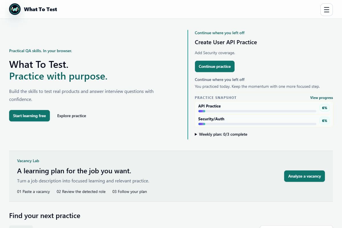 Home and continue practice: Home after an example practice attempt, with a resume action.