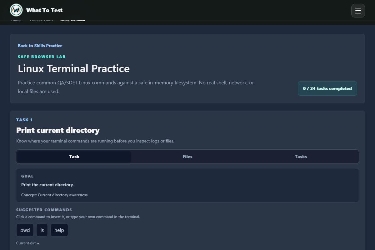 Linux terminal: Task instructions and the safe simulated terminal.