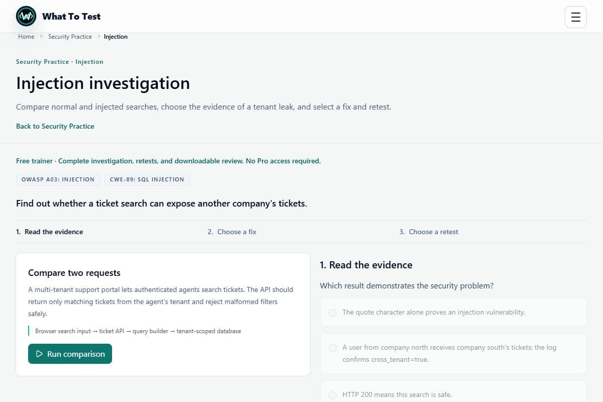 Security investigations: Free Injection trainer: compare evidence before selecting a fix and retests.