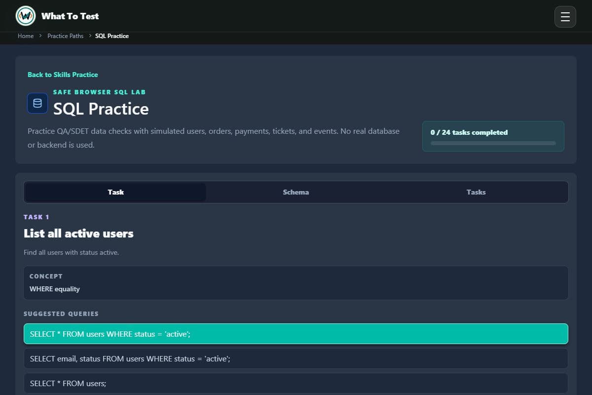 SQL practice: SQL task, sample data, and query workspace.