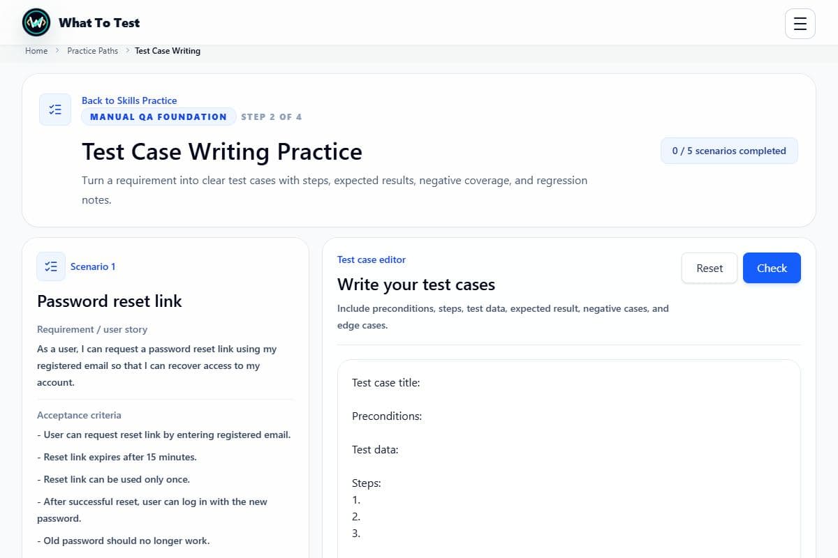 Test case design: Scenario context and the test case editor.