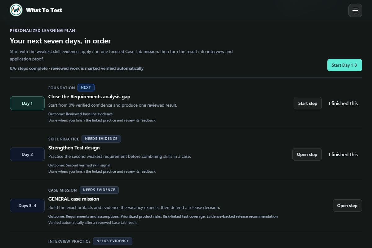 Vacancy Lab: Learning plan built from a fictional QA vacancy. Local Pro access preview, not a real purchase.