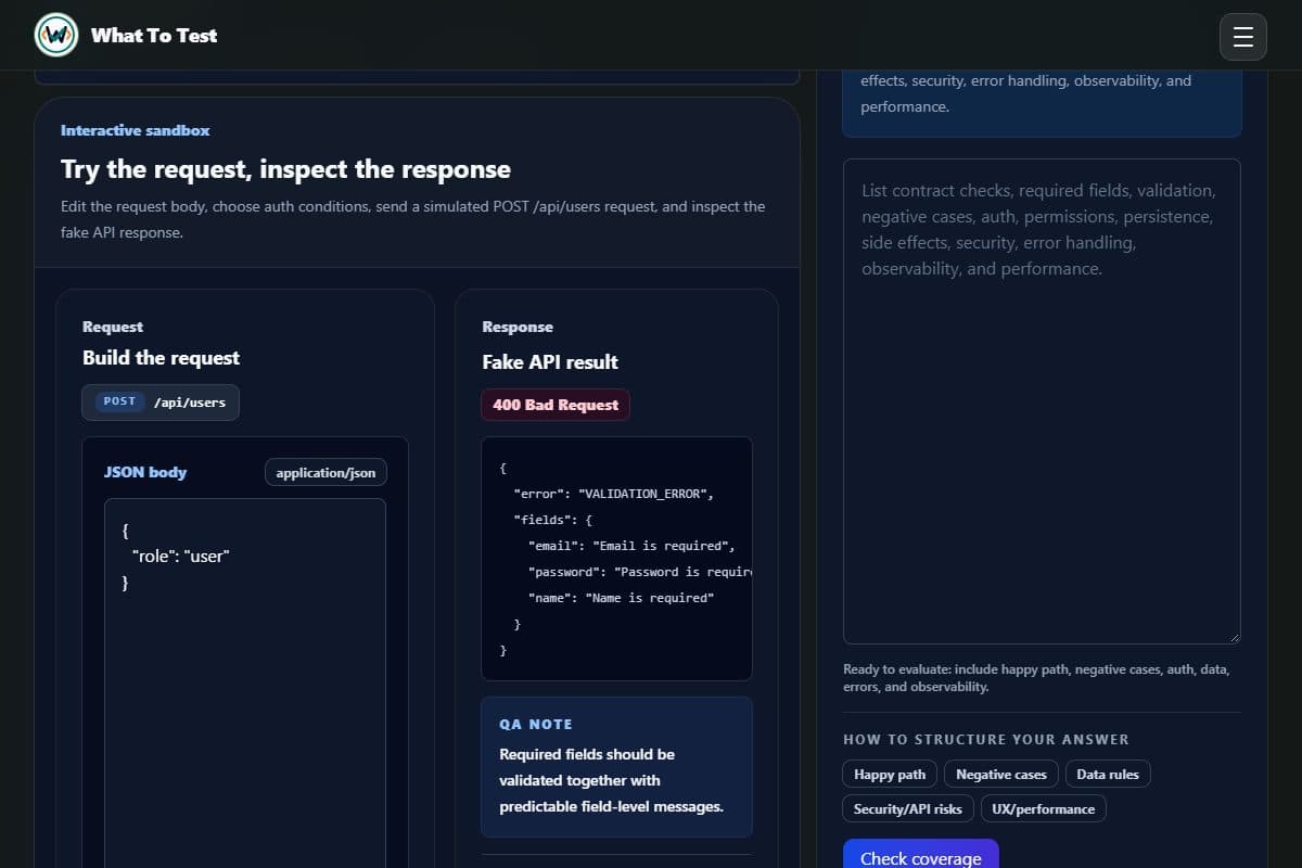 Create User simulator showing a missing required fields request and its validation response