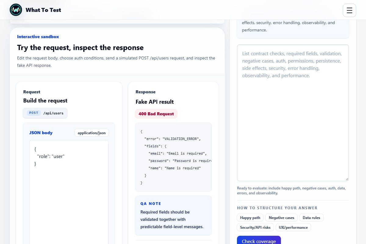Create User simulator showing a missing required fields request and its validation response
