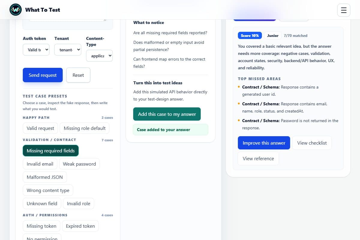 A real Create User evaluation showing a score, matched checks, missed areas, and Improve this answer
