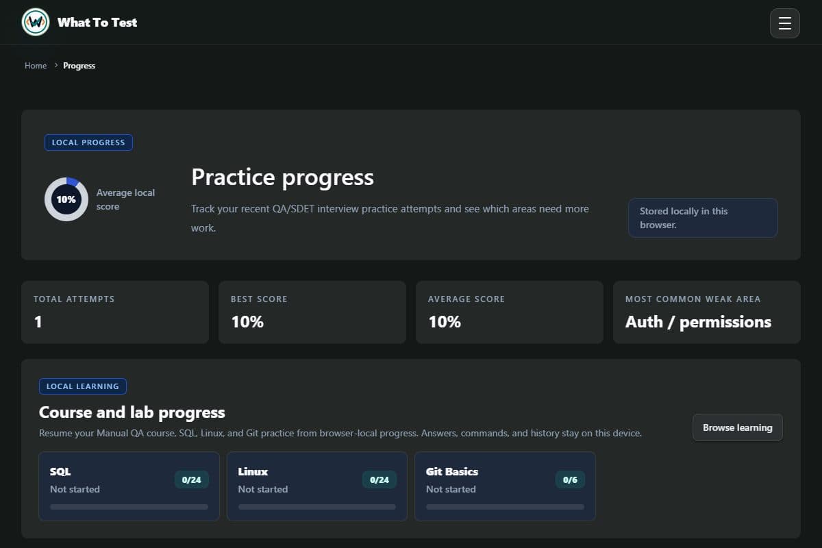 Progress page after the same practice session, showing one saved attempt and the next focus area