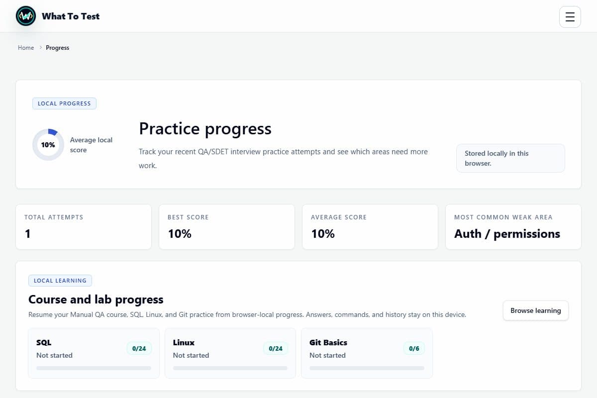 Progress page after the same practice session, showing one saved attempt and the next focus area